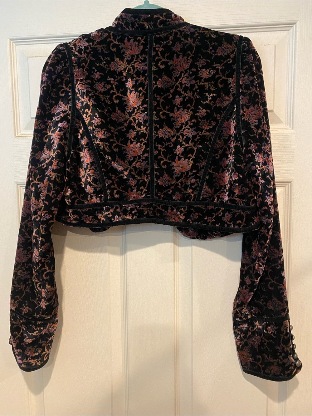 Free People Black Velvet Cropped Floral-Embroidered Jacket - Picture 3 of 7